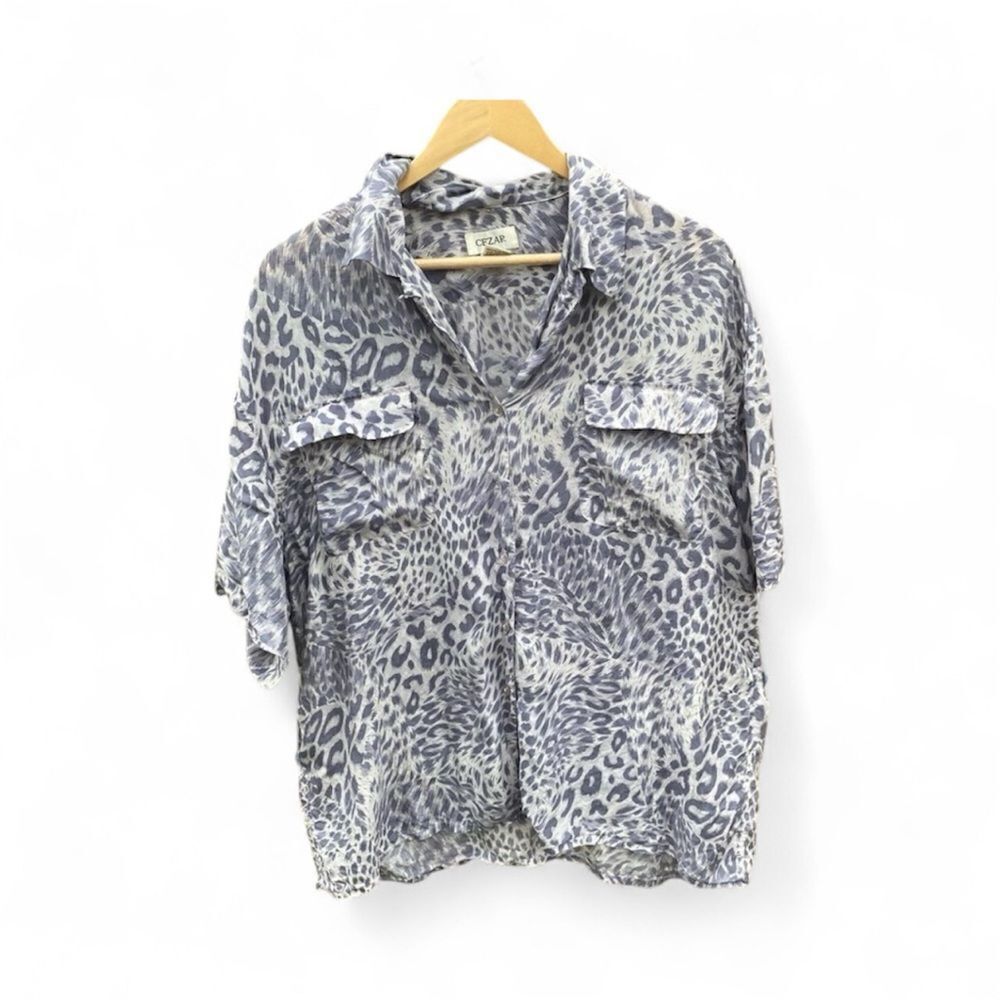 Vintage Cesar Silk Button Down Short Sleeve Animal Print Blouse